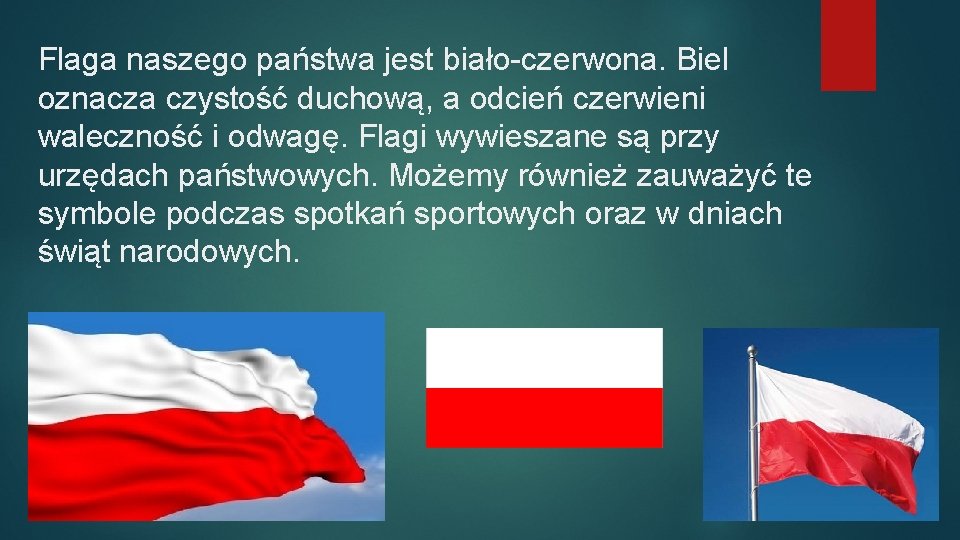 Flaga naszego państwa jest biało-czerwona. Biel oznacza czystość duchową, a odcień czerwieni waleczność i