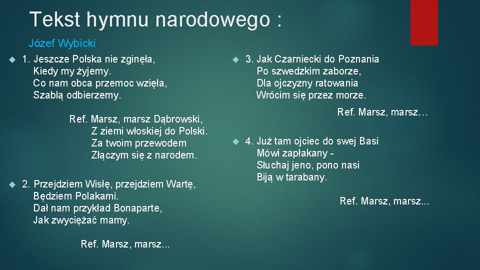 Tekst hymnu narodowego : Józef Wybicki 1. Jeszcze Polska nie zginęła, Kiedy my żyjemy.