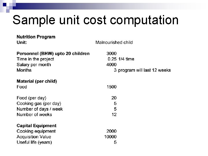 Sample unit cost computation 