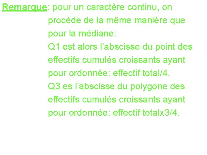 Remarque: pour un caractère continu, on procède de la même manière que pour la