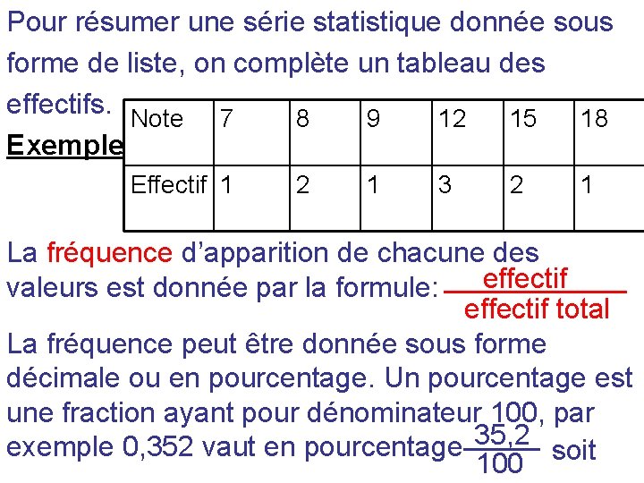Pour résumer une série statistique donnée sous forme de liste, on complète un tableau