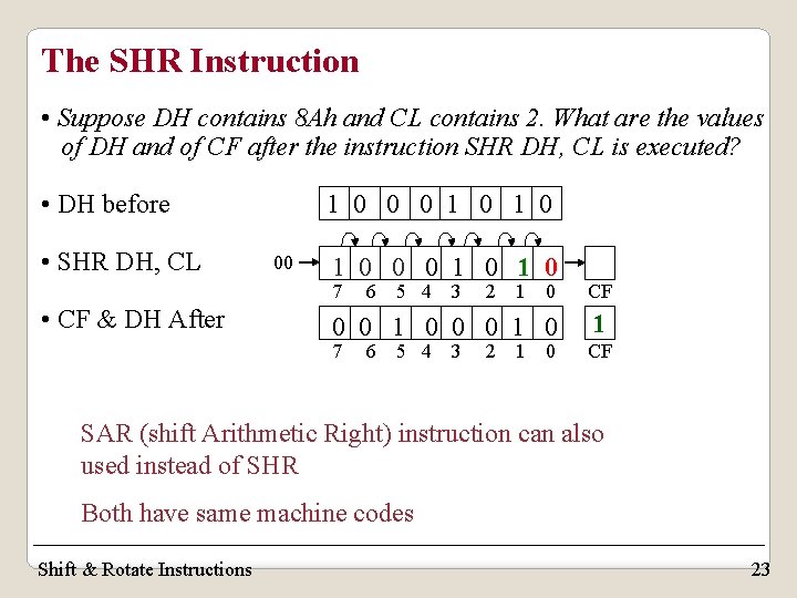 The SHR Instruction • Suppose DH contains 8 Ah and CL contains 2. What The SHR Instruction • Suppose DH contains 8 Ah and CL contains 2. What