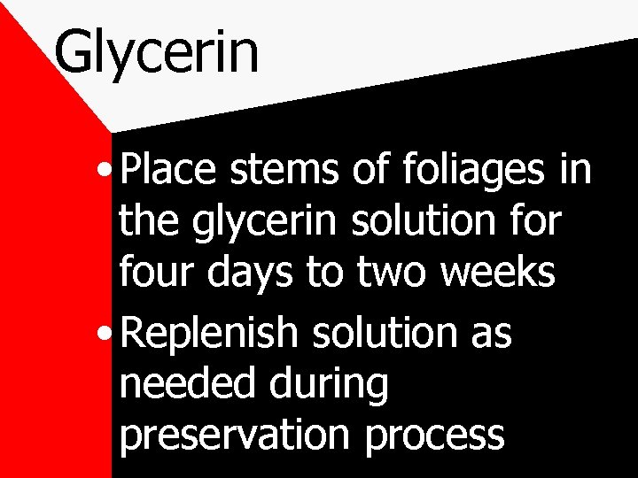 Glycerin • Place stems of foliages in the glycerin solution for four days to