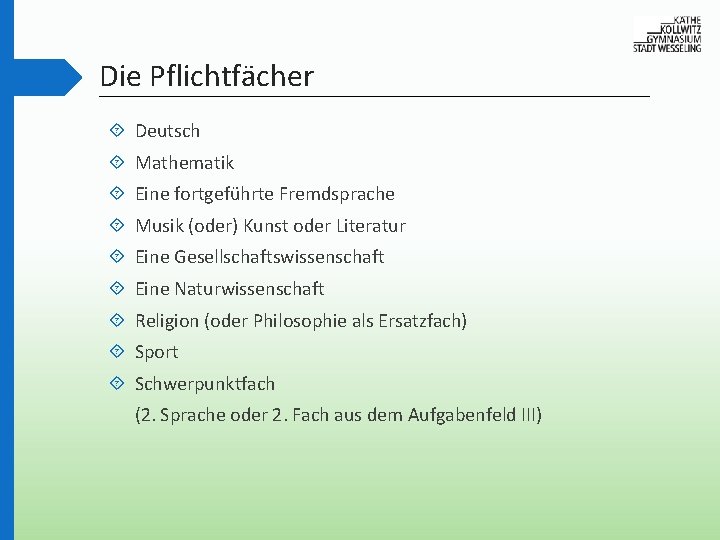 Die Pflichtfächer Deutsch Mathematik Eine fortgeführte Fremdsprache Musik (oder) Kunst oder Literatur Eine Gesellschaftswissenschaft