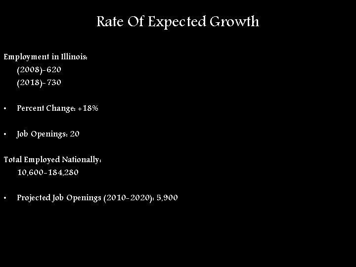 Rate Of Expected Growth Employment in Illinois: (2008)-620 (2018)-730 • Percent Change: +18% •