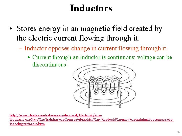Inductors • Stores energy in an magnetic field created by the electric current flowing