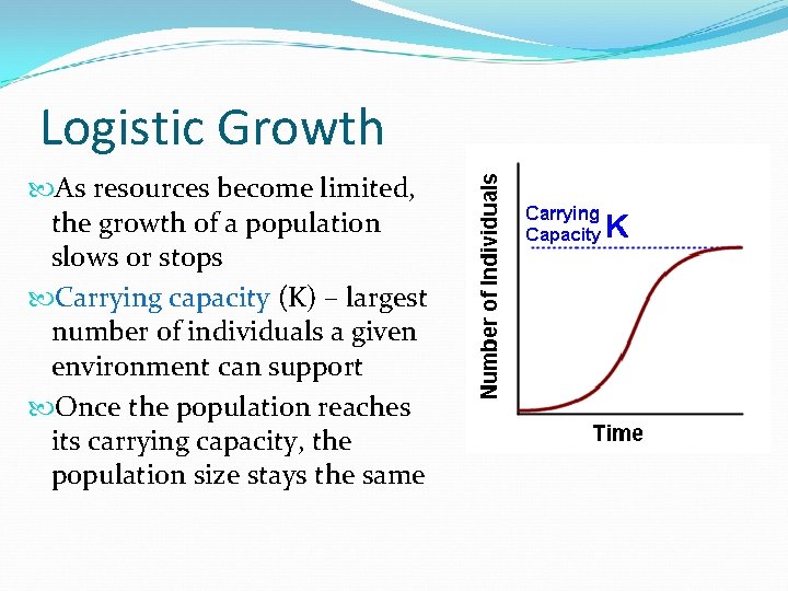 Logistic Growth As resources become limited, the growth of a population slows or stops