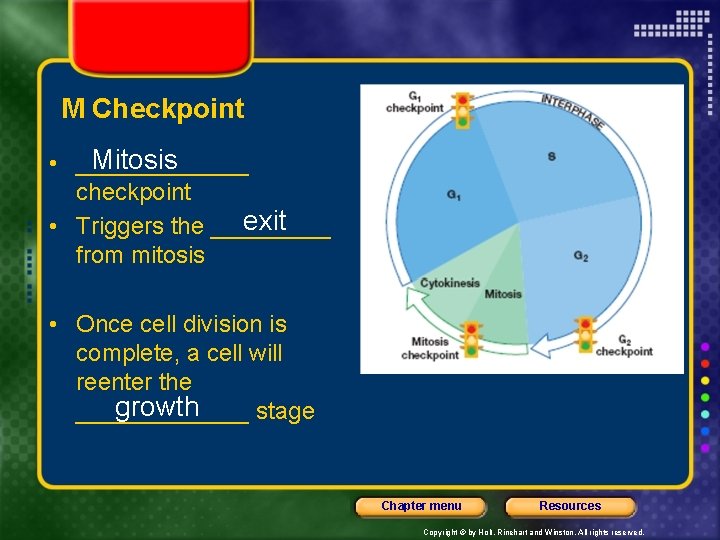 M Checkpoint Mitosis • _______ checkpoint exit • Triggers the _____ from mitosis •