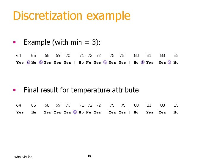Discretization example Example (with min = 3): § 64 65 68 69 70 71