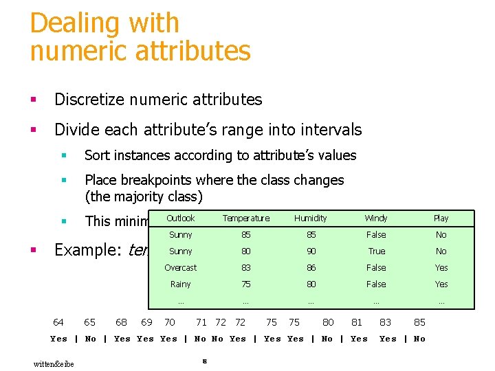 Dealing with numeric attributes § Discretize numeric attributes § Divide each attribute’s range into