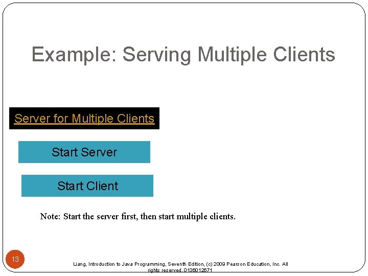 Example: Serving Multiple Clients Server for Multiple Clients Start Server Start Client Note: Start