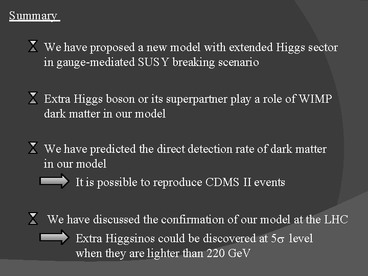 Summary We have proposed a new model with extended Higgs sector in gauge-mediated SUSY