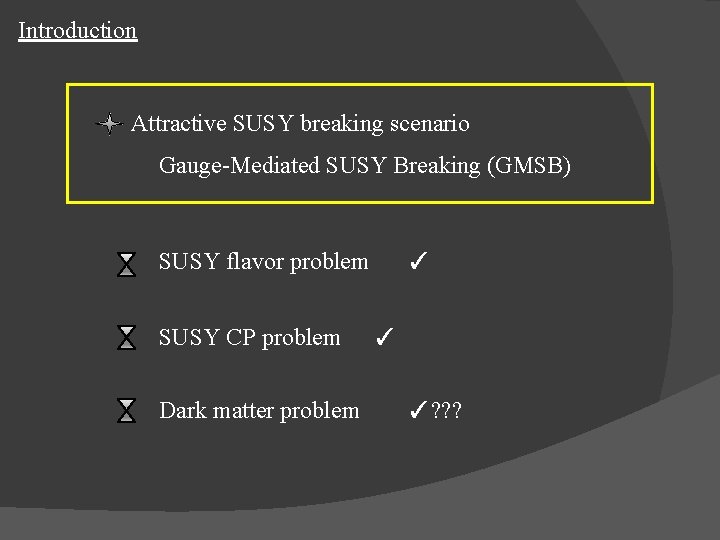 Introduction Attractive SUSY breaking scenario Gauge-Mediated SUSY Breaking (GMSB) SUSY flavor problem SUSY CP