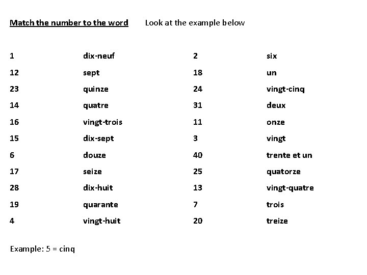 Match the number to the word Look at the example below 1 dix-neuf 2