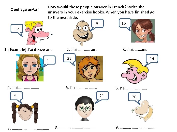 Quel âge as-tu? 12 How would these people answer in French? Write the answers