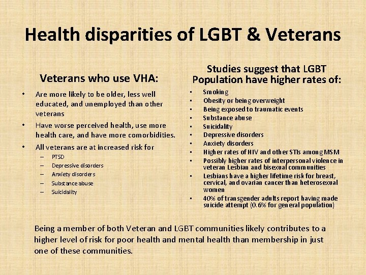 Health disparities of LGBT & Veterans Studies suggest that LGBT Population have higher rates