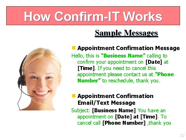 How Confirm-IT Works Sample Messages n Appointment Confirmation Message Hello, this is “Business Name”