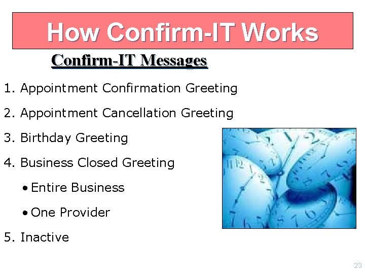 How Confirm-IT Works Confirm-IT Messages 1. Appointment Confirmation Greeting 2. Appointment Cancellation Greeting 3.