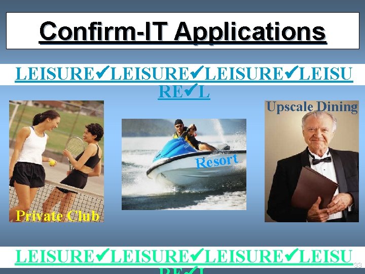 Confirm-IT Applications LEISURE LEISU RE L Upscale Dining Resort Private Club LEISURE LEISU 33