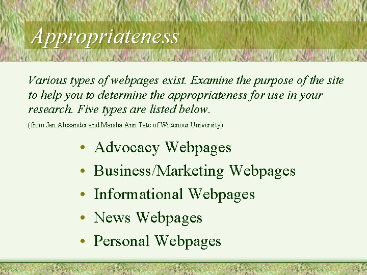 Appropriateness Various types of webpages exist. Examine the purpose of the site to help