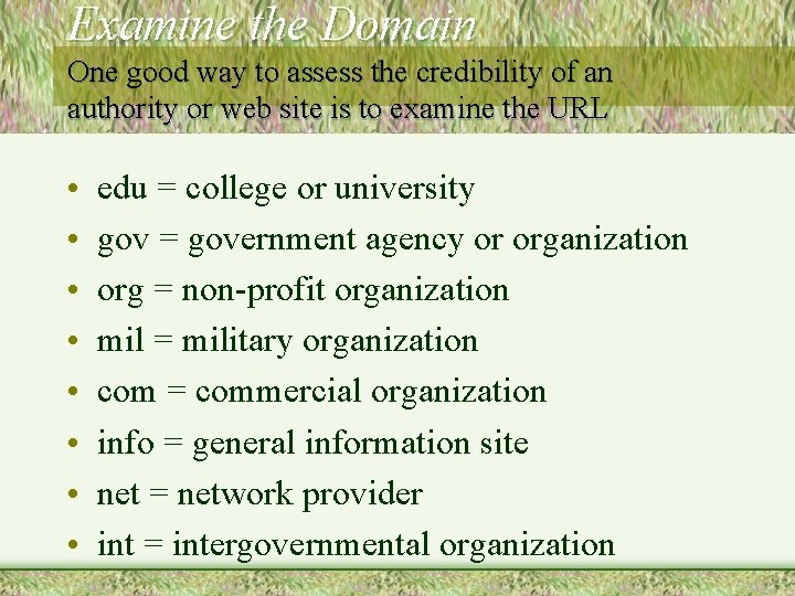 Examine the Domain One good way to assess the credibility of an authority or
