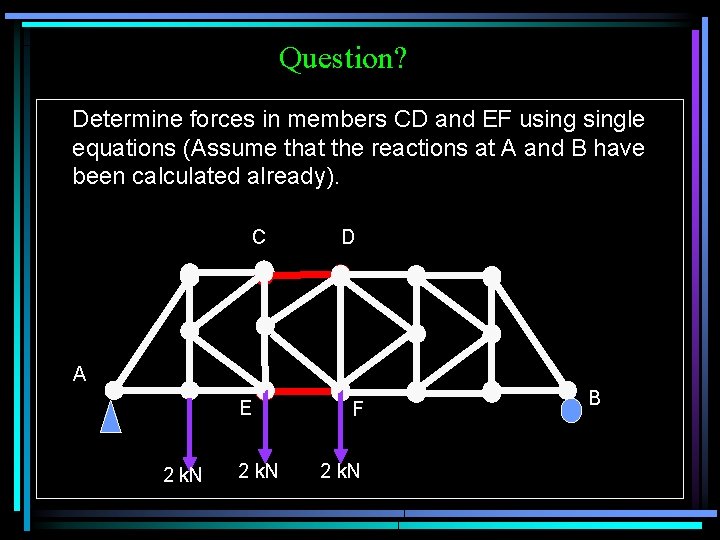 Question? Determine forces in members CD and EF usingle equations (Assume that the reactions