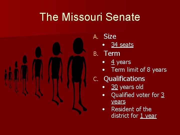 The Missouri Senate A. Size • 34 seats B. Term • 4 years •