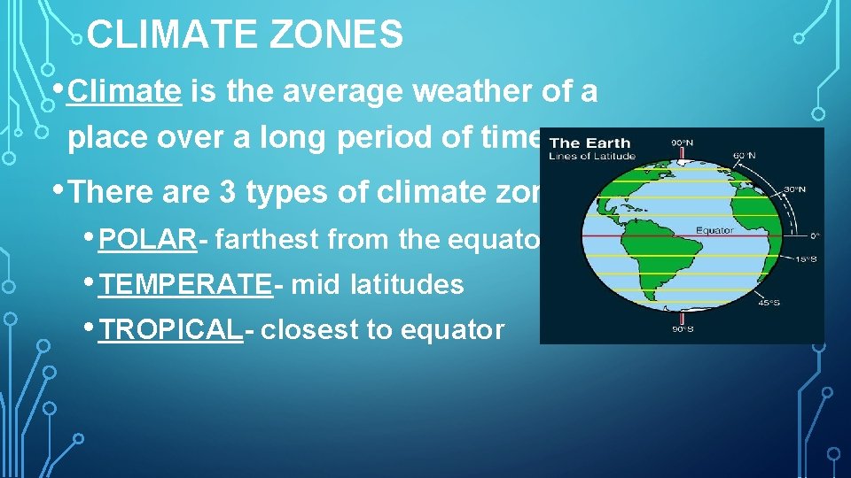 CLIMATE ZONES • Climate is the average weather of a place over a long