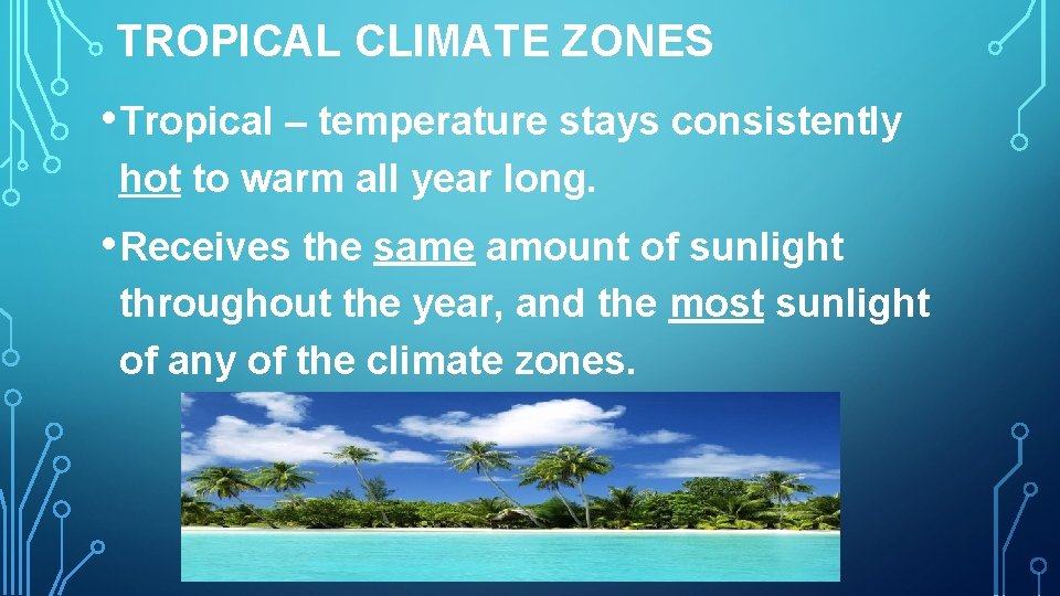 TROPICAL CLIMATE ZONES • Tropical – temperature stays consistently hot to warm all year