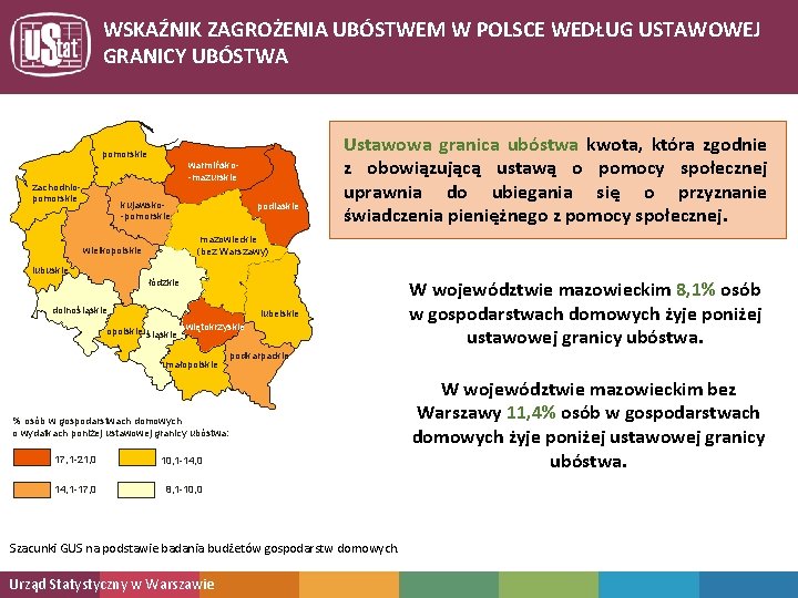 WSKAŹNIK ZAGROŻENIA UBÓSTWEM W POLSCE WEDŁUG USTAWOWEJ GRANICY UBÓSTWA pomorskie warmińsko-mazurskie zachodniopomorskie kujawsko-pomorskie podlaskie