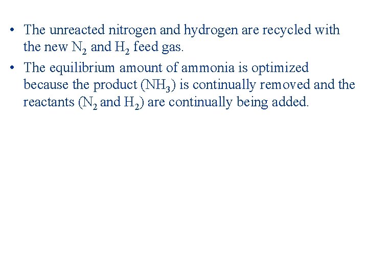  • The unreacted nitrogen and hydrogen are recycled with the new N 2