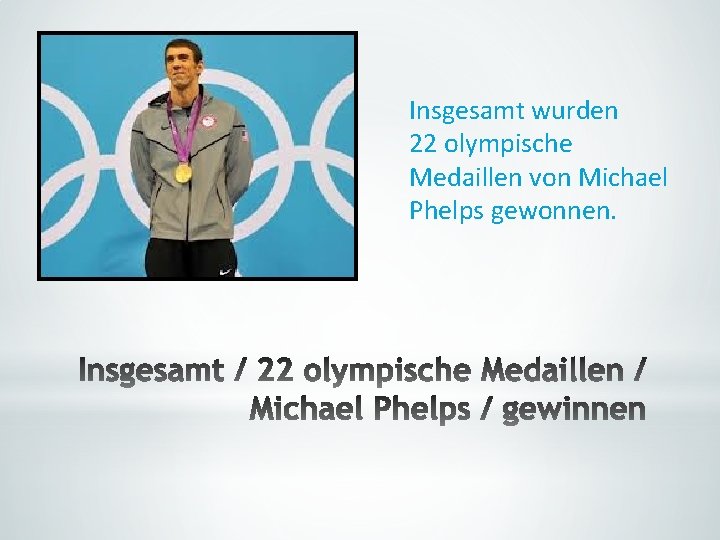 Insgesamt wurden 22 olympische Medaillen von Michael Phelps gewonnen. Insgesamt wurden 22 olympische Medaillen von Michael Phelps gewonnen.