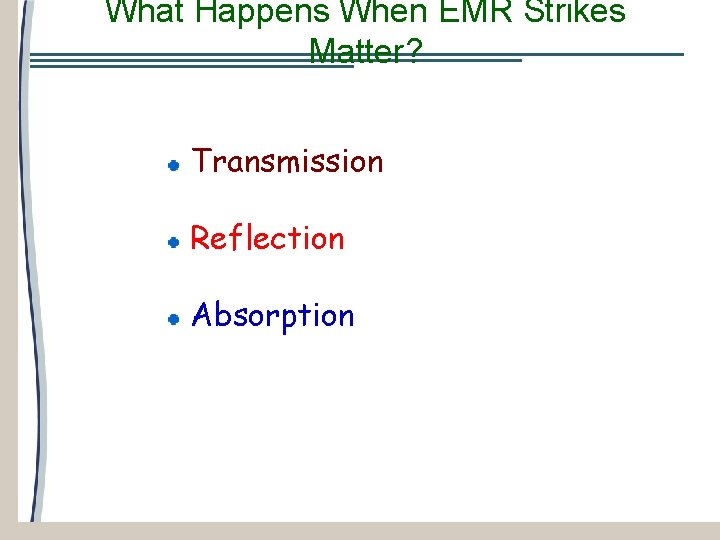 What Happens When EMR Strikes Matter? Transmission Reflection Absorption 