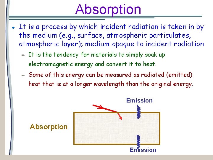 Absorption It is a process by which incident radiation is taken in by the