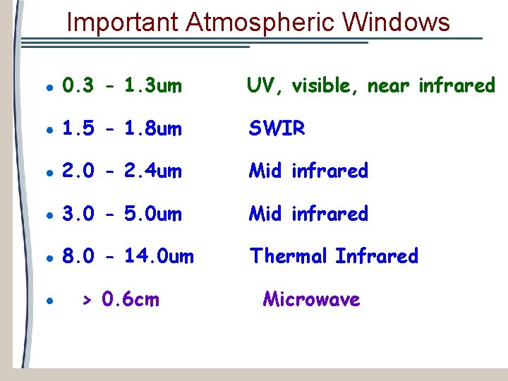 Important Atmospheric Windows 0. 3 - 1. 3 um UV, visible, near infrared 1.