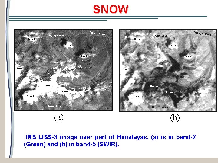 SNOW (a) (b) IRS LISS-3 image over part of Himalayas. (a) is in band-2