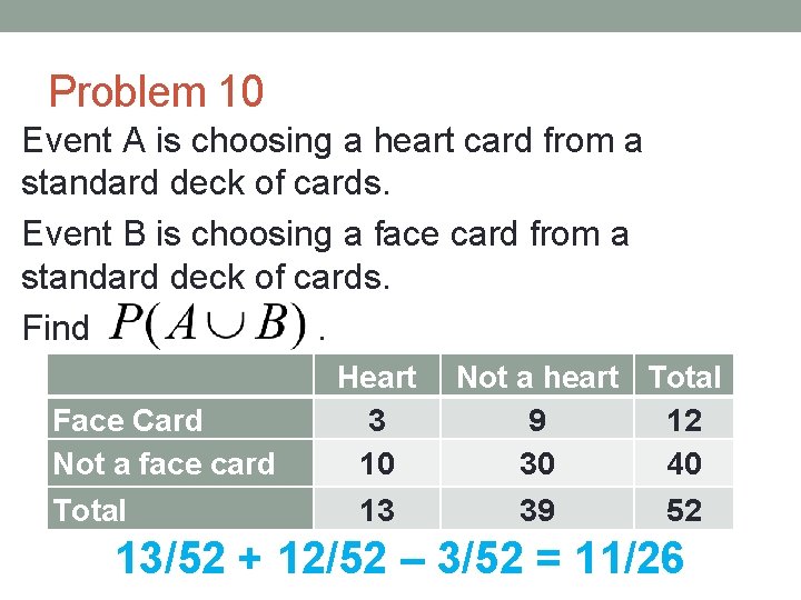 Problem 10 Event A is choosing a heart card from a standard deck of