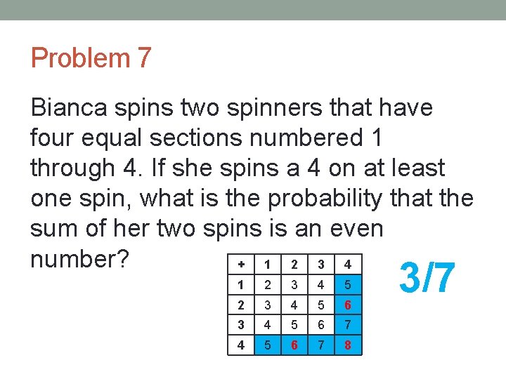Problem 7 Bianca spins two spinners that have four equal sections numbered 1 through