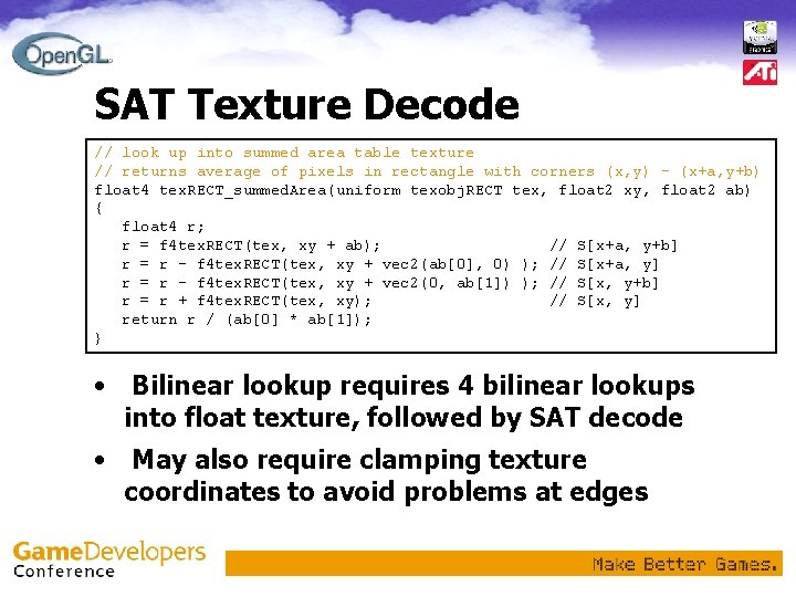 SAT Texture Decode // look up into summed area table texture // returns average