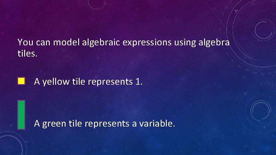 You can model algebraic expressions using algebra tiles. A yellow tile represents 1. A