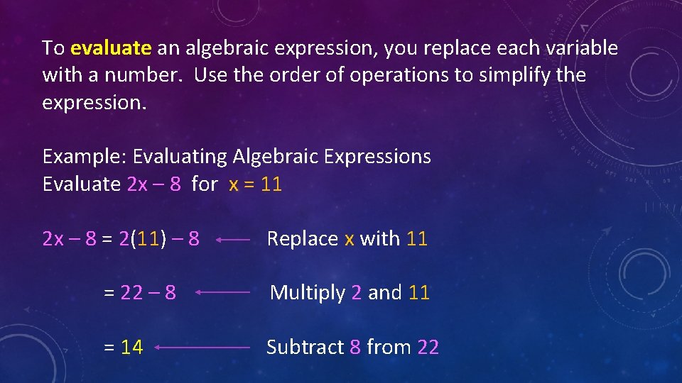 To evaluate an algebraic expression, you replace each variable with a number. Use the