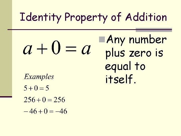 Identity Property of Addition n. Any number plus zero is equal to itself. 