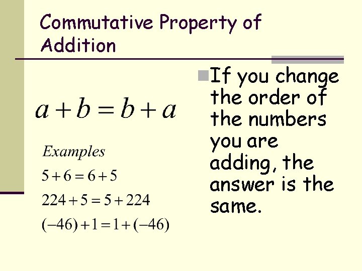 Commutative Property of Addition n. If you change the order of the numbers you