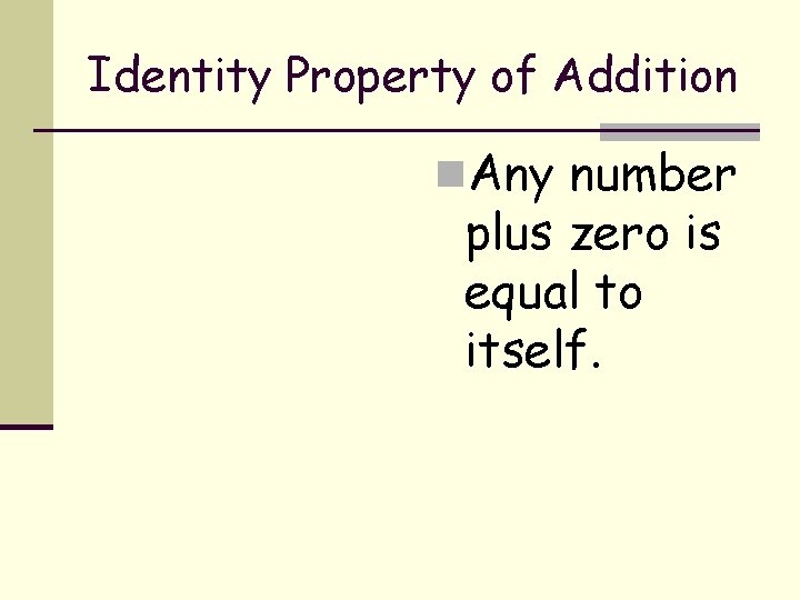 Identity Property of Addition n. Any number plus zero is equal to itself. 