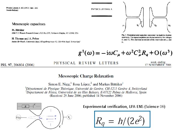 Electrochemical capacitance Charge relaxation resistance Experimental verification, LPA ENS (Science 06) 