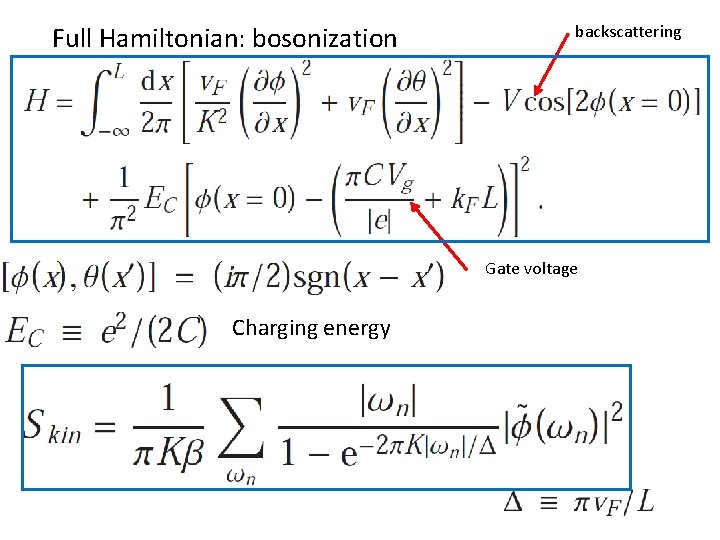 Full Hamiltonian: bosonization backscattering Gate voltage Charging energy 