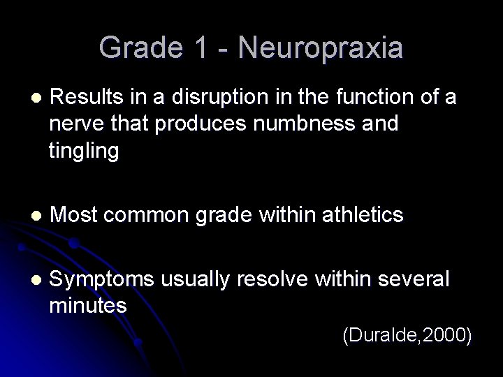 Grade 1 - Neuropraxia l Results in a disruption in the function of a