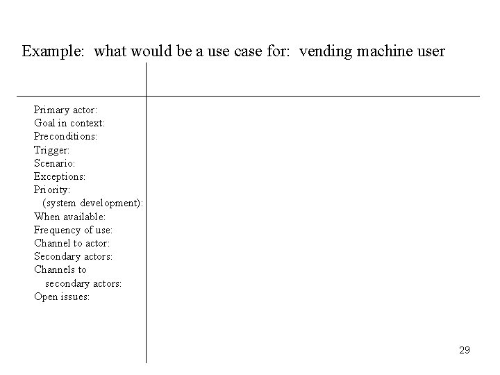 Example: what would be a use case for: vending machine user Primary actor: Goal