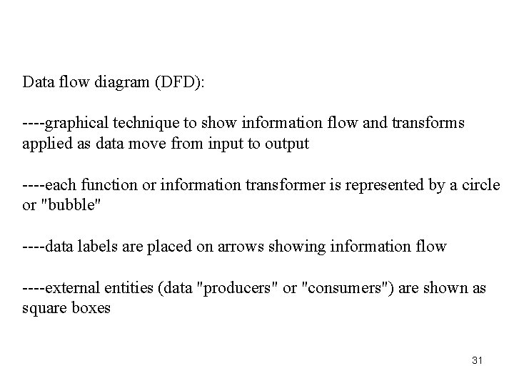 Data flow diagram (DFD): ----graphical technique to show information flow and transforms applied as