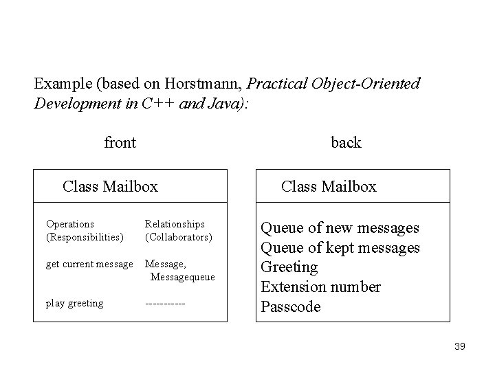 Example (based on Horstmann, Practical Object-Oriented Development in C++ and Java): front back Class
